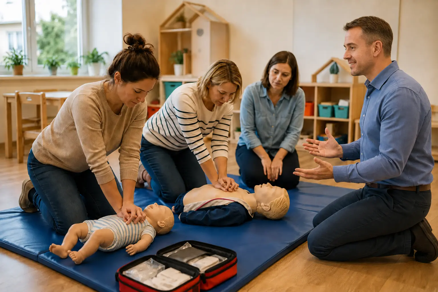Personel przedszkola ćwiczy pierwszą pomoc pediatryczną na fantomach pod kierunkiem instruktora